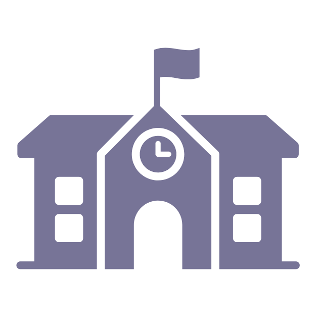 School icon: building with clock and flag