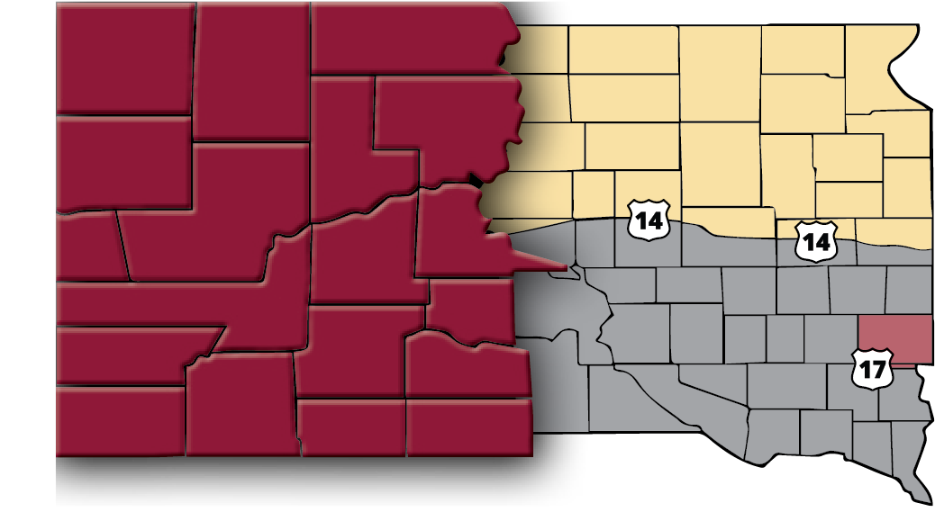 map of SD with the Black Hills area prominent