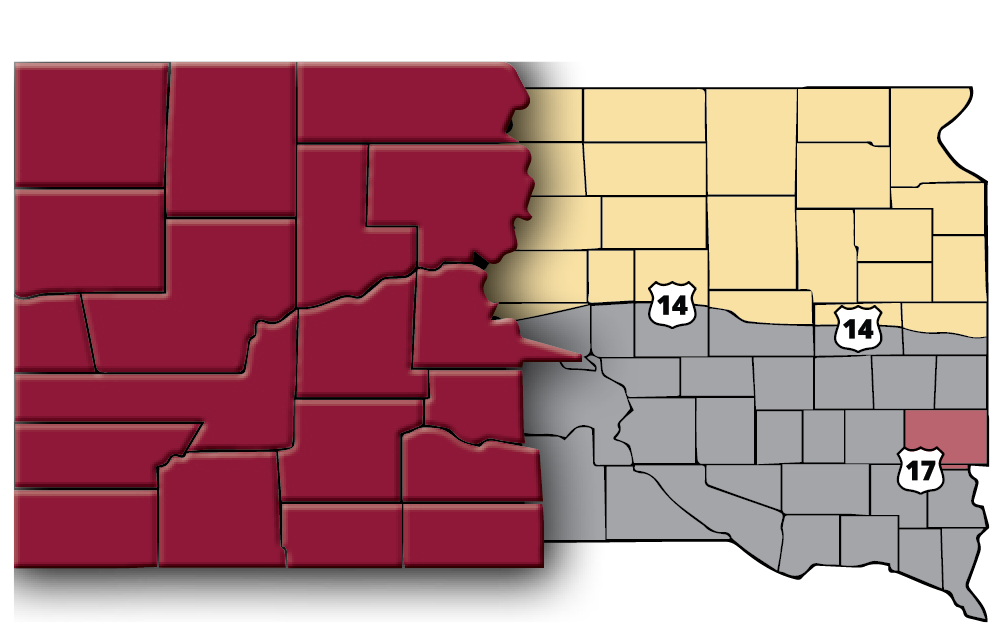 Map of SD with the Black Hills area prominent