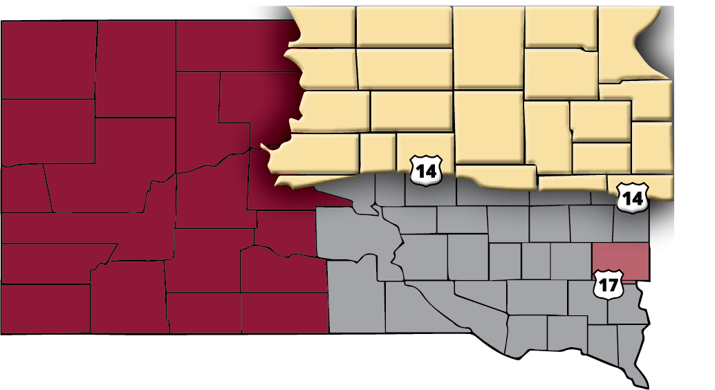 map of SD with the Great Plains area prominent