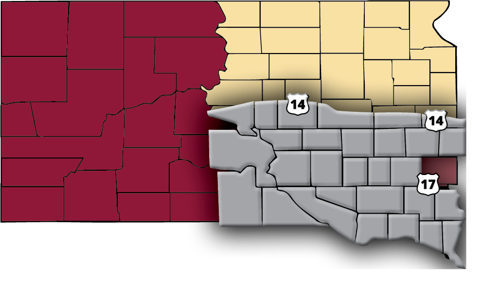 map of SD with the Lewis and Clark area prominent