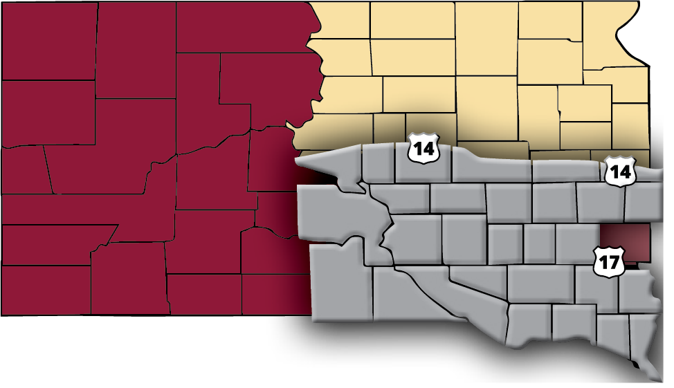 Map of SD with the Lewis and Clark area prominent