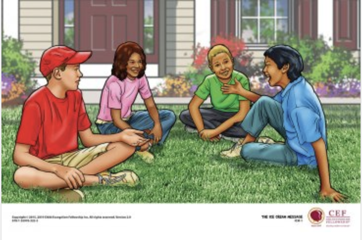 children sitting in a front yard talking.